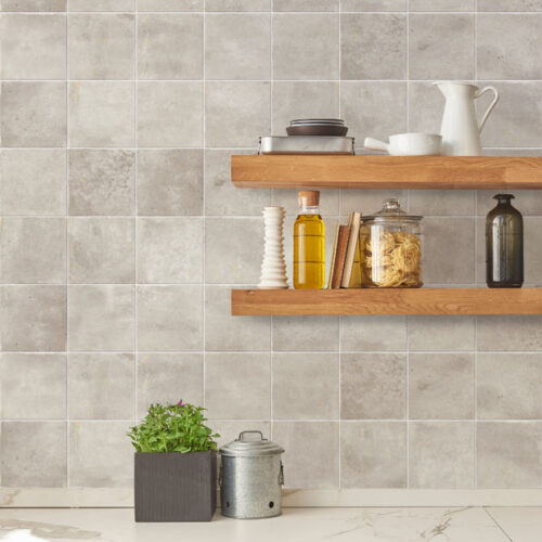 A collection of different ceramics complement a patterned tiles. For more inspiration. modern kitchenware new concept