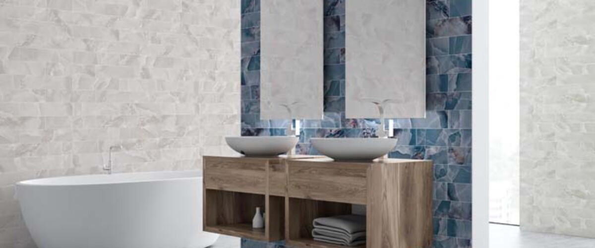 Double bathroom sink with two vertical mirrors on a marble wall. A bathtub on a concrete floor floor. 3d rendering