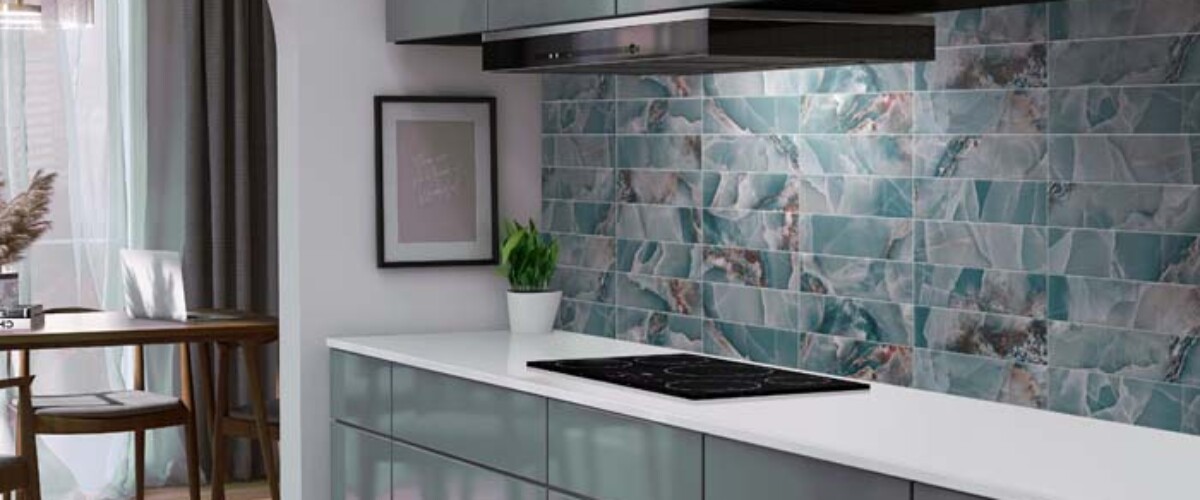 Realistic 3D render perspective of modern kitchen design, white granite countertop with gray cabinet set, electric stove, hood. Blank empty space for household products overlay, Mock up, Background.