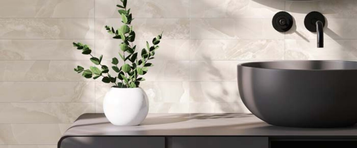 Realistic 3D render, modern round matt gray ceramic wash basin with black faucet on vanity unit. Blank empty space for products display, Morning sunlight, Background, Templates, Countertop, Plants