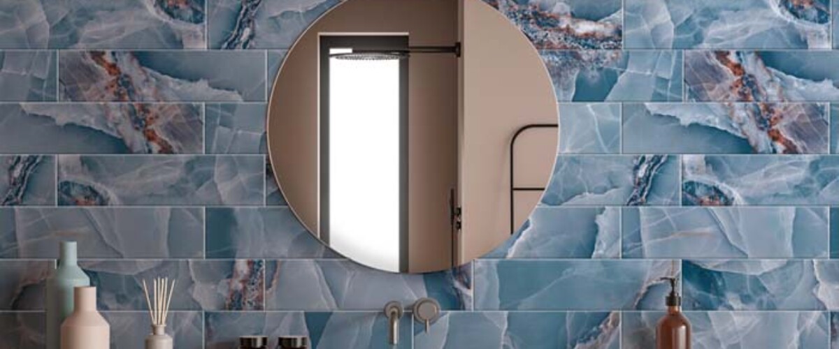 Modern vanity design, using wood-look material pairing with white ceramic sinks and a stylish round mirror on the beige wall of the shower room. A concept of interior trends. 3d rendering