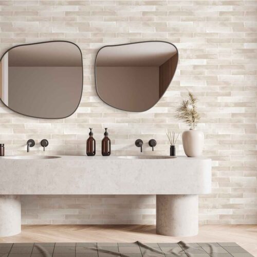 Beige bathroom interior with double sink and mirror, carpet on hardwood floor. Bathing accessories and window in hotel studio. 3D rendering
